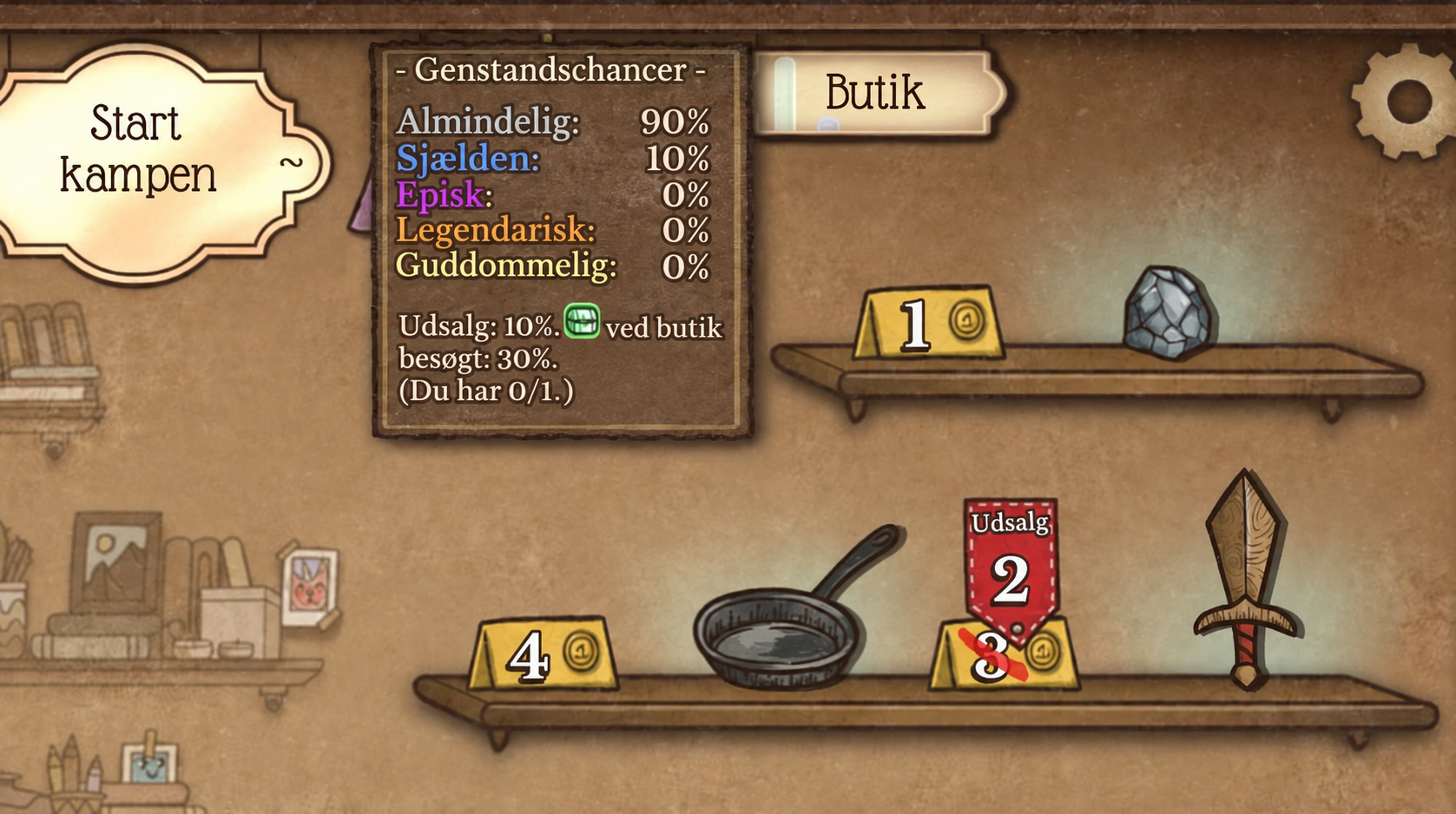 Genstandschancer på butiksskiltet i runde 1: Almindelig 90%, Sjælden 10%, Episk, Legendarisk og Guddommelig 0%, udsalg 10%, unik genstand ved butiksbesøg 30%